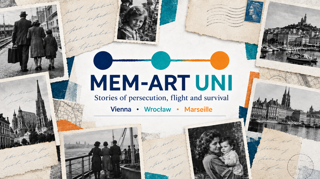 MEM-ART UNI project graphic with historical photographs, letters and postcards from Vienna, Wrocław and Marseille, surrounding the project title.