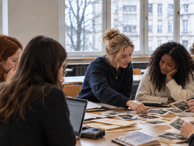 Six students work together around a table in a seminar room. Historical photographs, documents and notes are spread out in front of them; one student points to a photograph while the group examines and discusses the material together.
