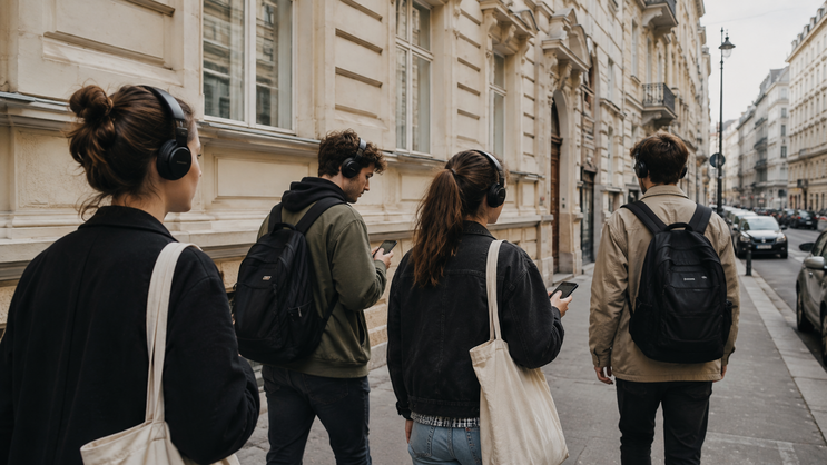Four students wearing headphones walk along a city street during an audio walk. Two of them are holding smartphones, while the group moves past historic buildings with backpacks and tote bags.